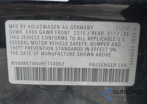 2011 Volkswagen Cc Sport from USA, damaged, VIN WVWMN7AN0BE734052